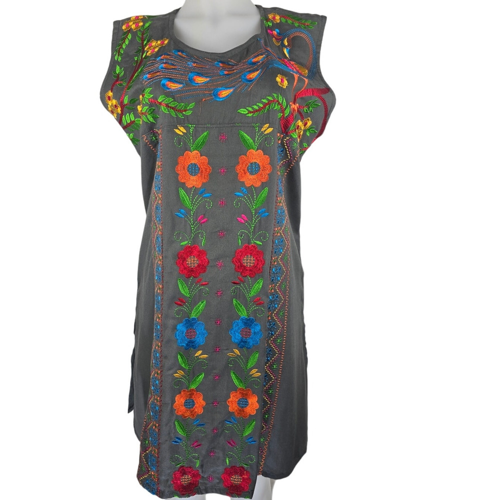 Radhe Black Rayon Peasant Bohemian Embroidered Floral Dress L/XL